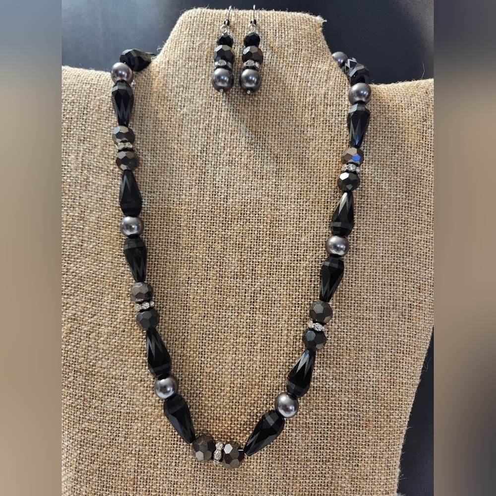 Hand Crafted Elegant Black Gray and Silver Beaded Necklace and Earring Set
